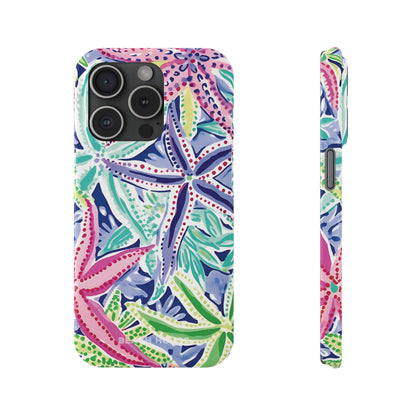 Front and side view of Siesta Key Slim Case for iPhone with tropical starfish pattern on a white background