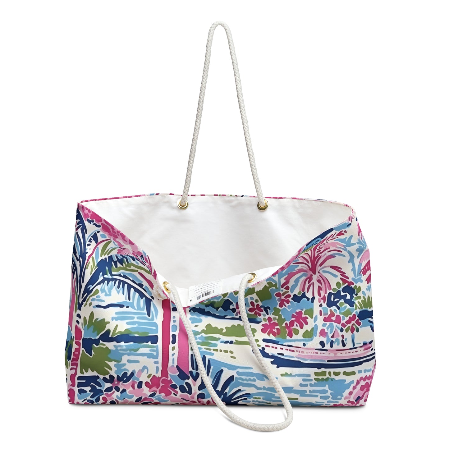 Colorful floral-patterned Amelia bag with a white handle on a white background