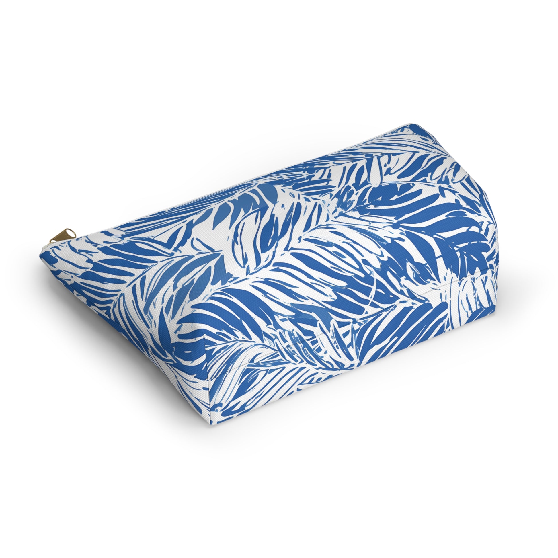 Blue and white patterned pet bed on a white background