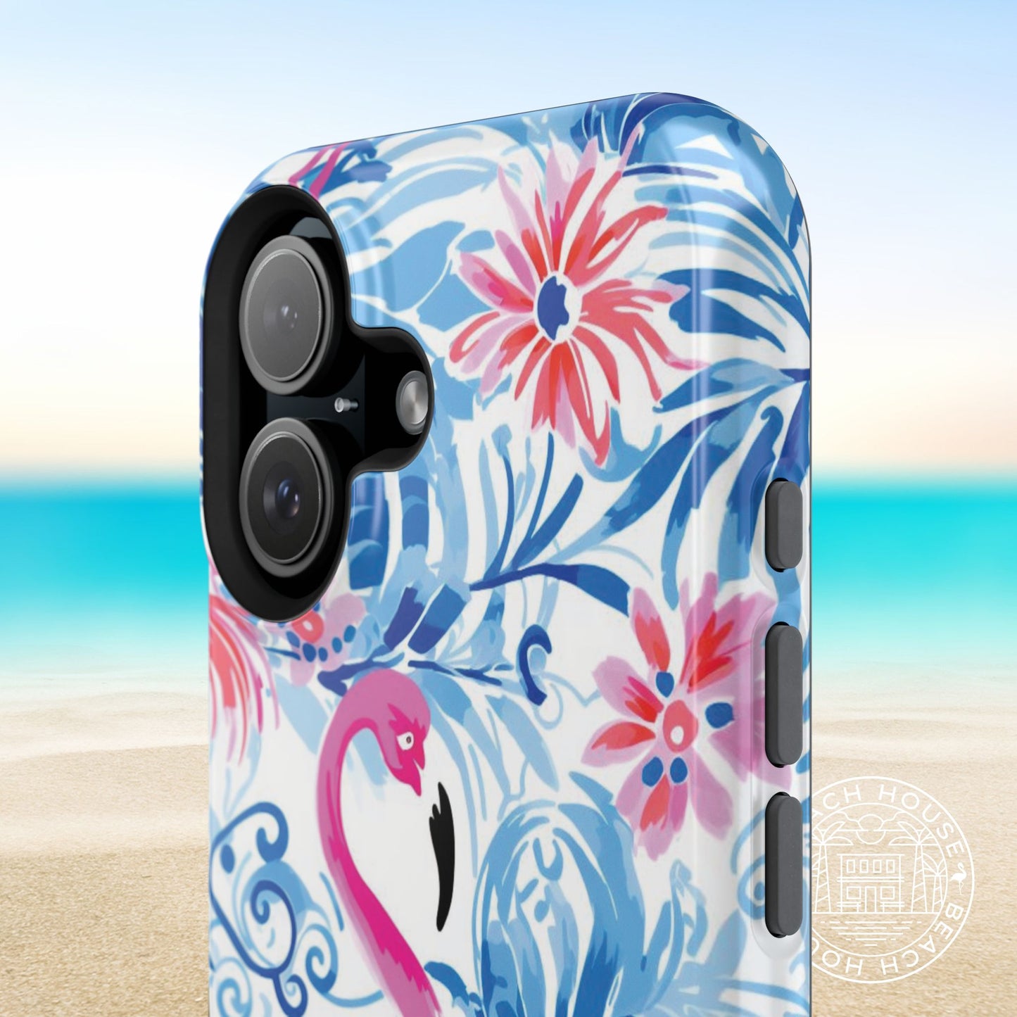 Flamingo Beach MagSafe Tough Case for iPhone with coastal flamingo design on a beach background