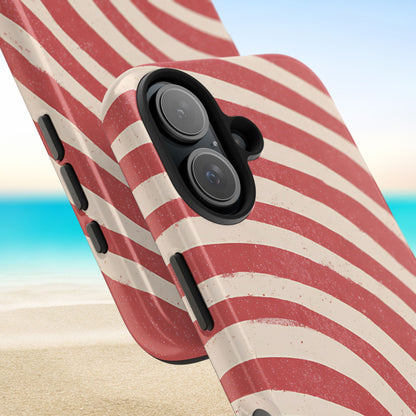 Kure Beach iPhone tough case with red and white wavy pattern on a beach background
