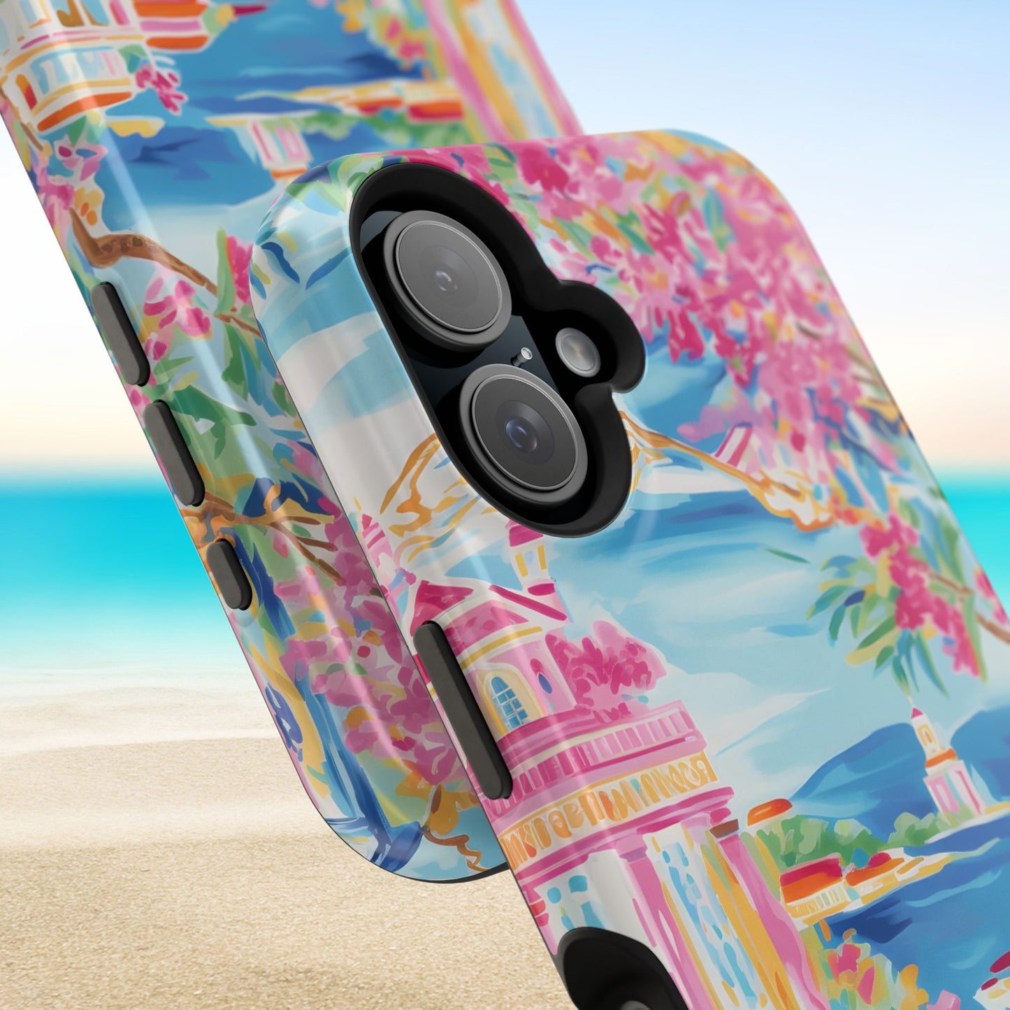 Positano MagSafe Tough Case for iPhone with a scenic design on a beach background