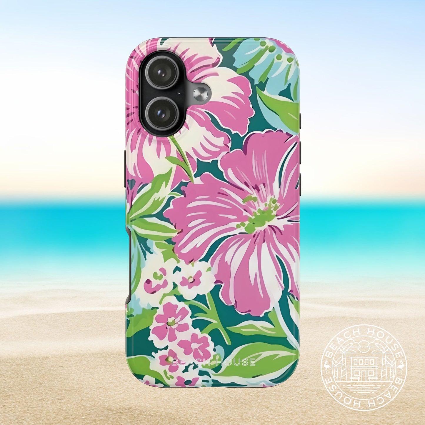 Seaside Tough Case for iPhone 17 with pink and green flowers on a beach background