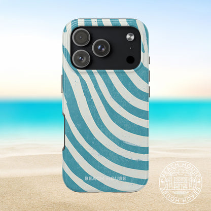 Holmes Beach Tough Case for iPhone 17 Pro with blue and white striped pattern on a beach background
