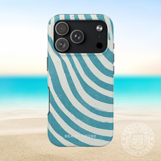 Holmes Beach Tough Case for iPhone 17 Pro with blue and white striped pattern on a beach background