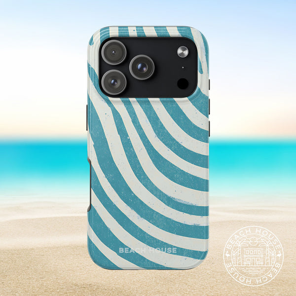 Holmes Beach Tough Case for iPhone 17 Pro with blue and white striped pattern on a beach background