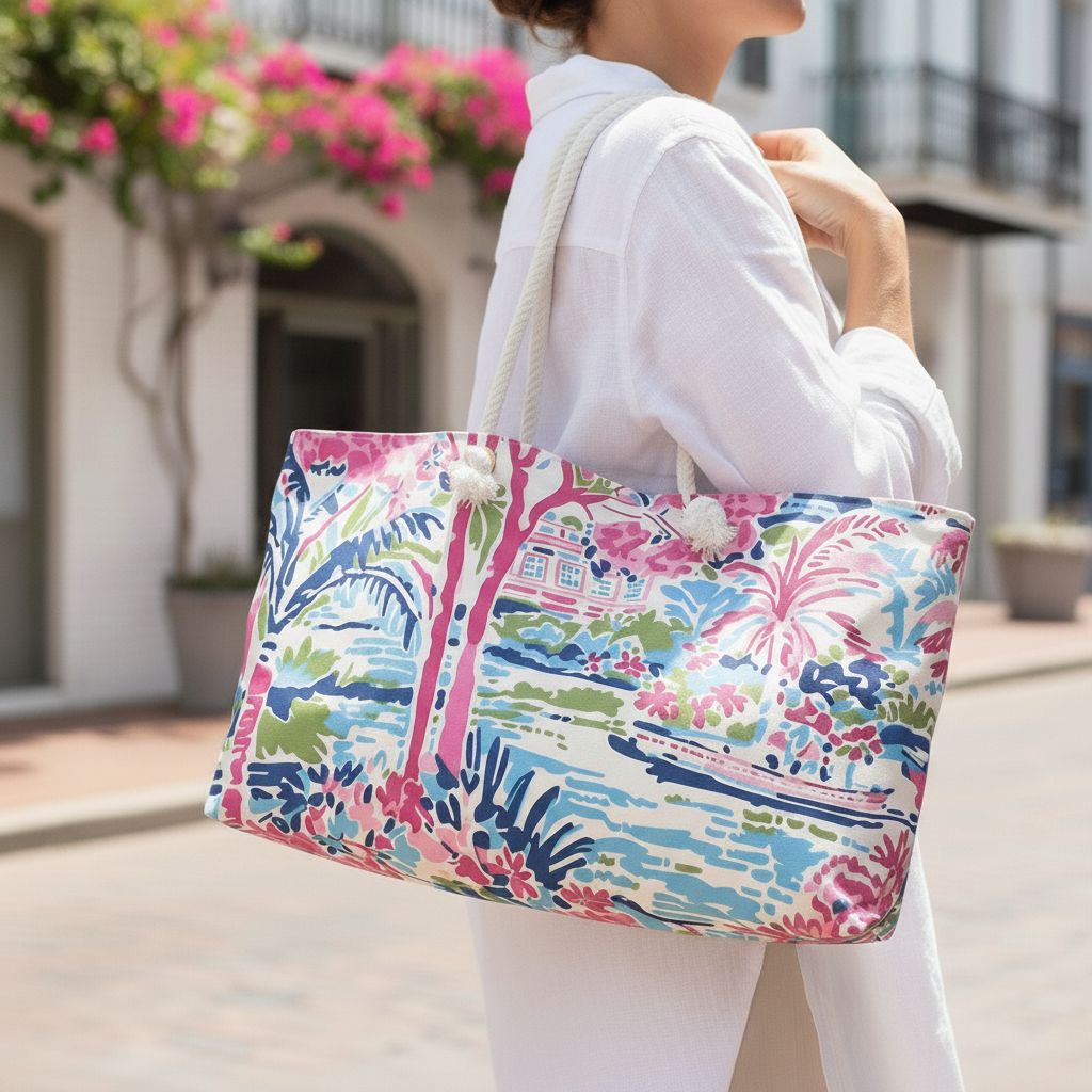 Woman holding a colorful lightweight tote bag outdoors
