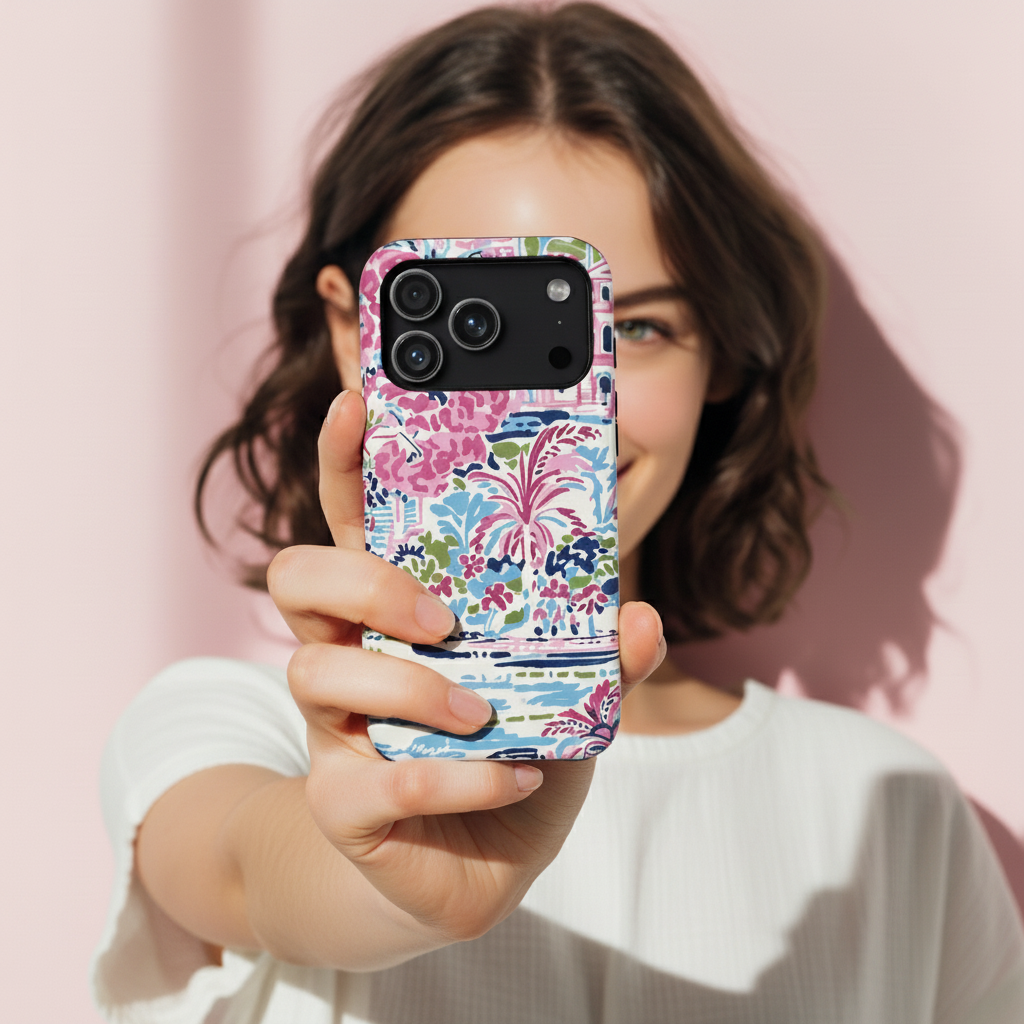 Woman holding a phone with a colorful floral Amelia case against a pink background