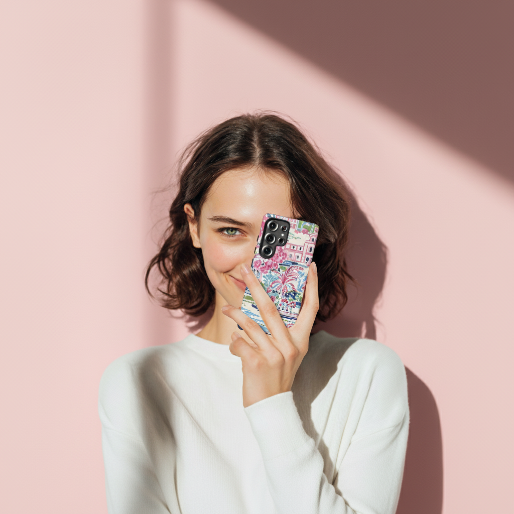 Woman holding a phone with a colorful Amelia Tough Galaxy Case against a pink background