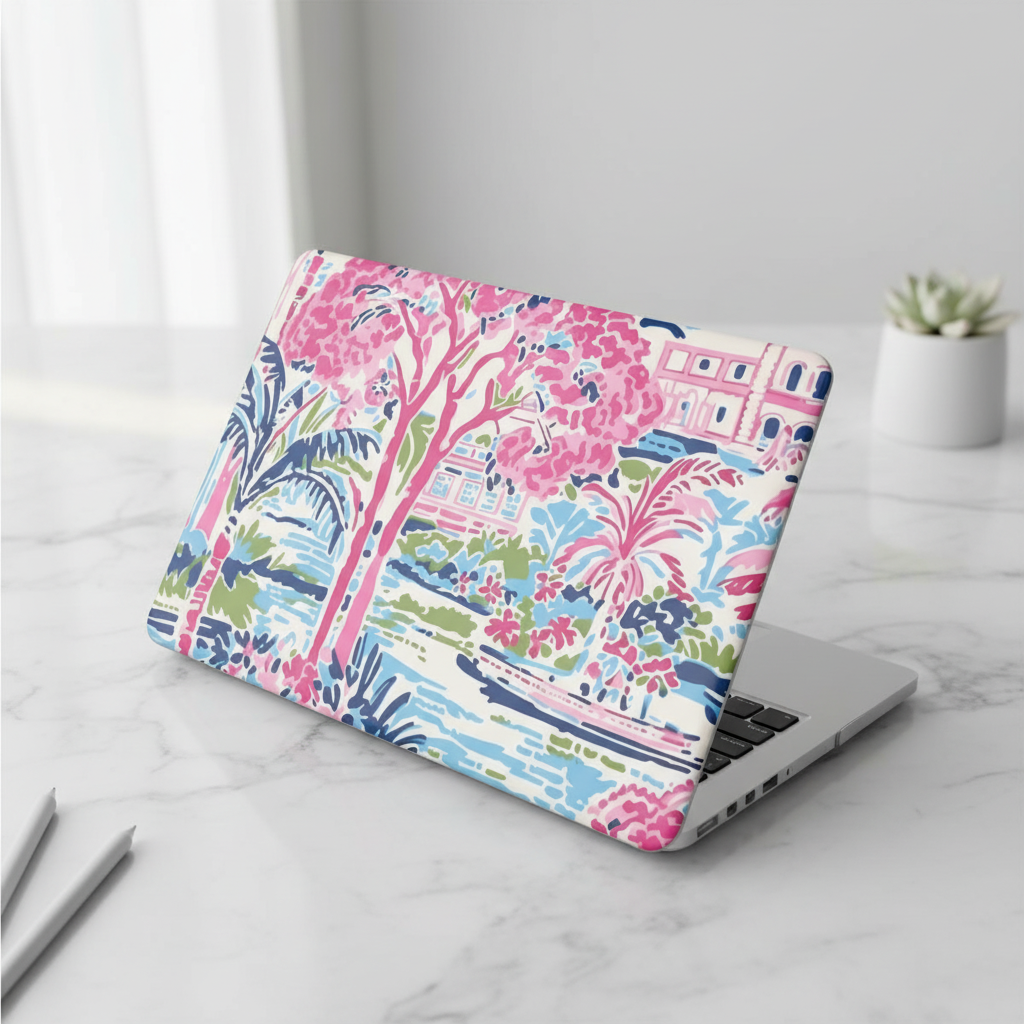 Laptop with a colorful floral and palm tree Amelia MacBook Case on a marble surface.
