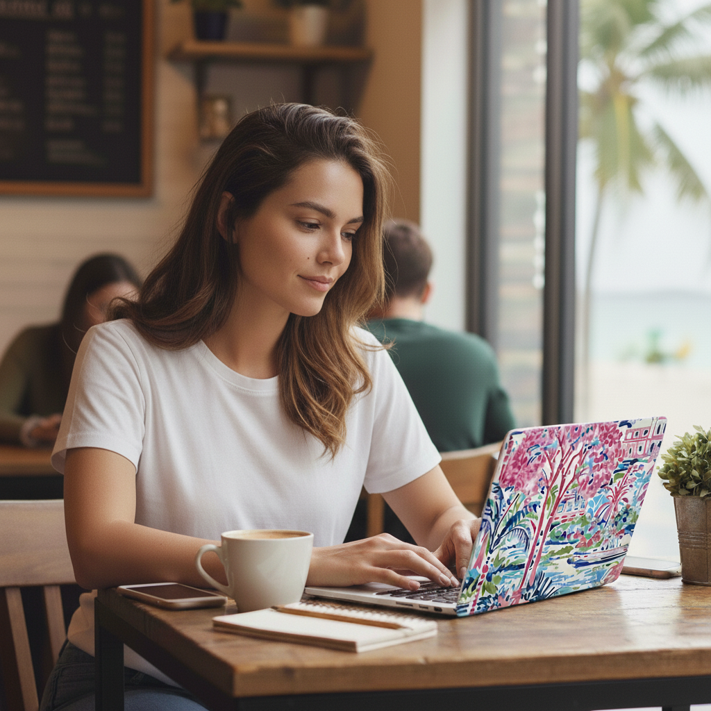 Woman using a laptop with a colorful Amelia MacBook Case in a cafe setting