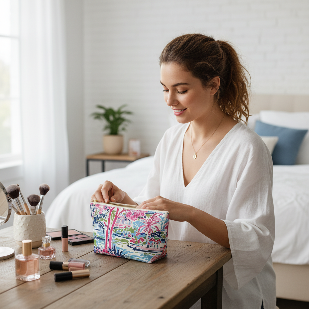 Woman in a white robe organizing makeup items on a wooden table.