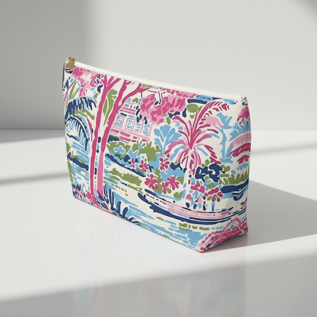 Colorful patterned pouch on a white background