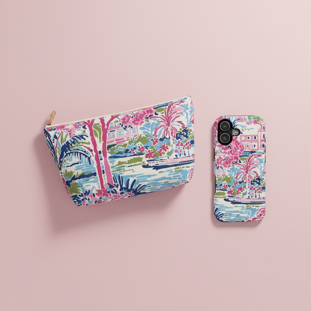 Pouch and phone case with floral and palm tree design on a pink background