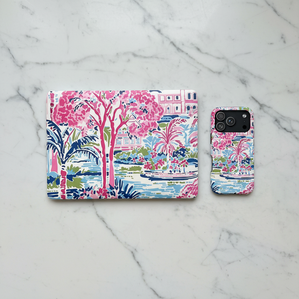 Amelia Case for iPhone and Amelia MacBook Case with colorful floral and palm tree design on a marble background