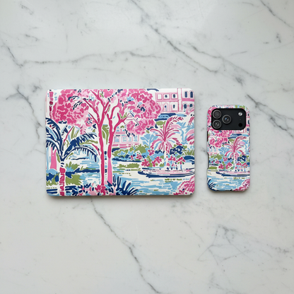 Amelia Case for iPhone and Amelia MacBook Case with colorful floral and palm tree design on a marble background