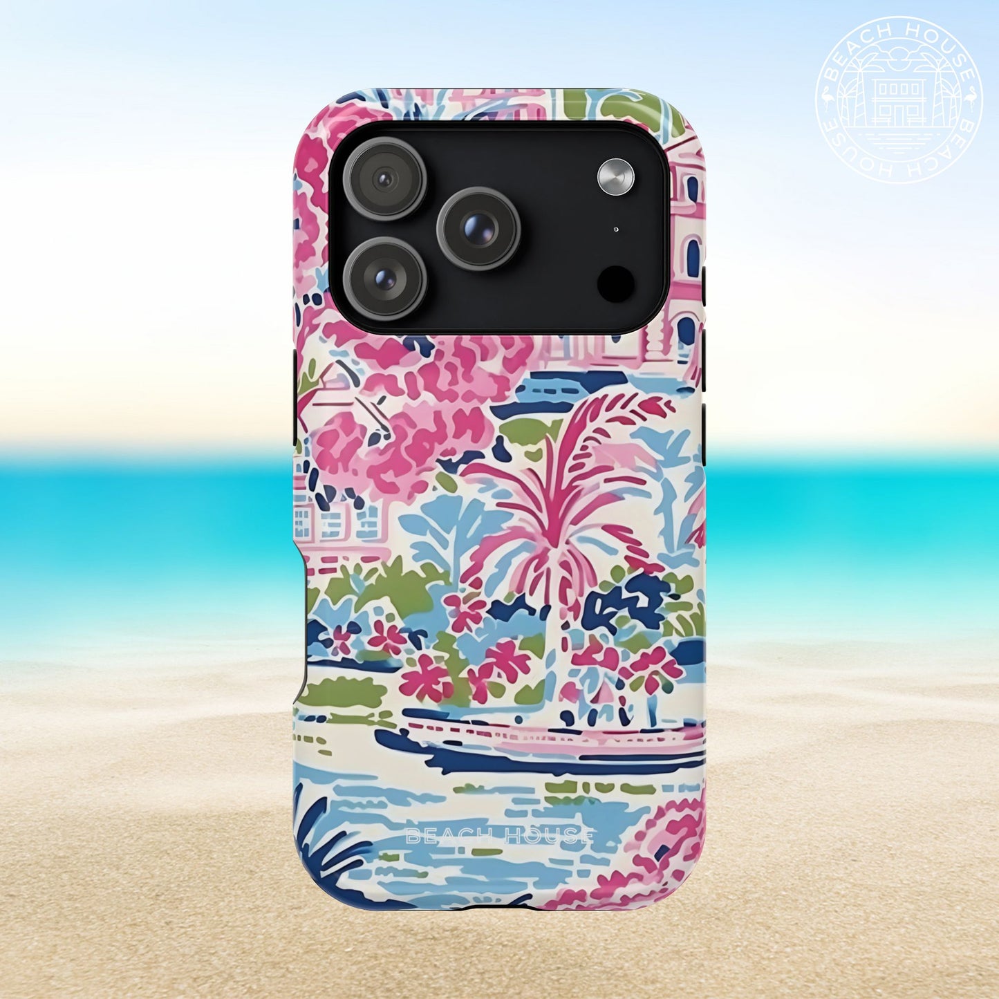 Amelia MagSafe Tough Case for iPhone 17 Pro with floral design on a beach background