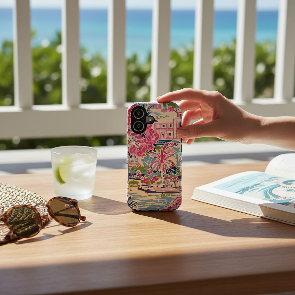 Person holding a phone with a Amelia MagSafe Tough Case for iPhone on a table by the sea