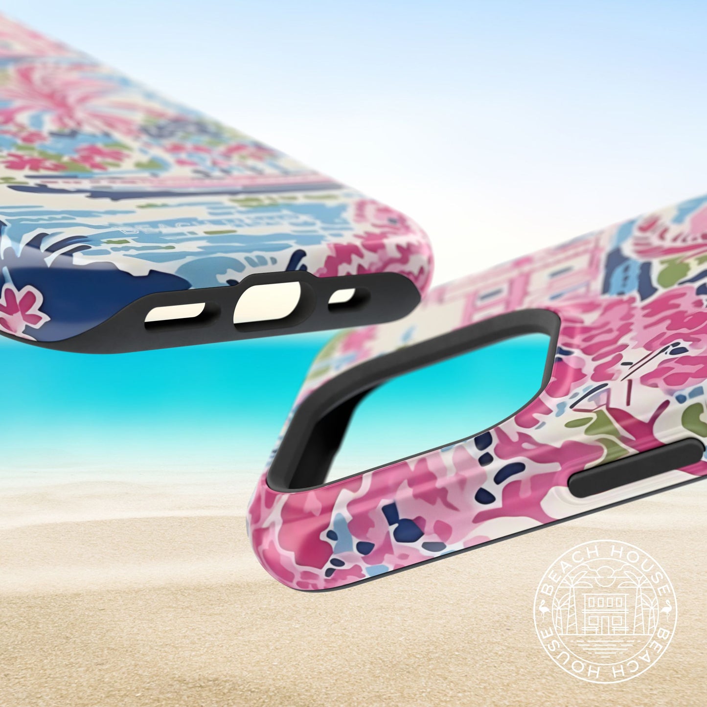 Top and bottom views of the Amelia MagSafe Tough Case for iPhone with floral patterns on a beach background