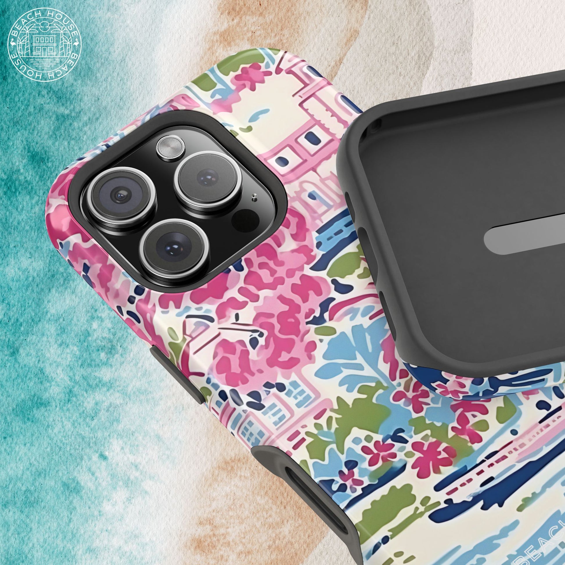 Coastal Ameila Magsafe iPhone case on a textured surface with a blurred background