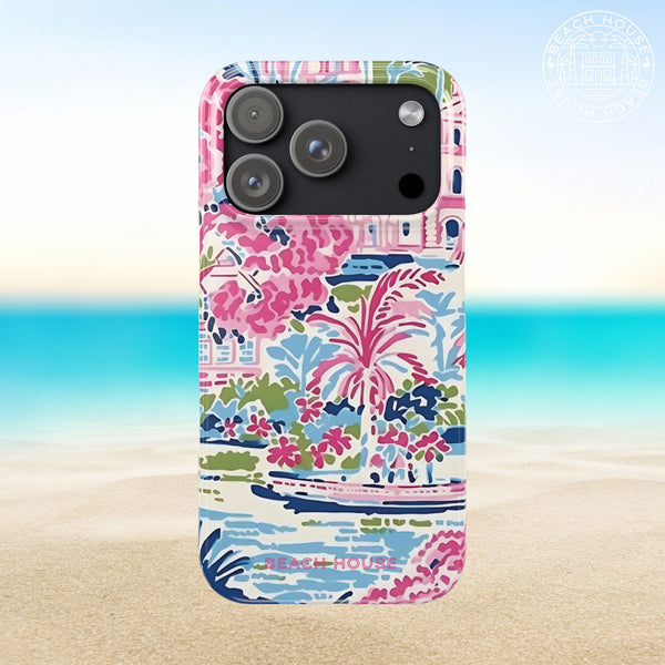Amelia Slim Case for iPhone 17 Pro with colorful beach-themed design on a sandy background