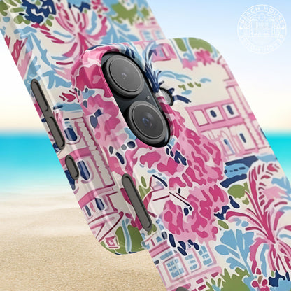 Coastal floral Amelia Slim Case for iPhonewith a beach background