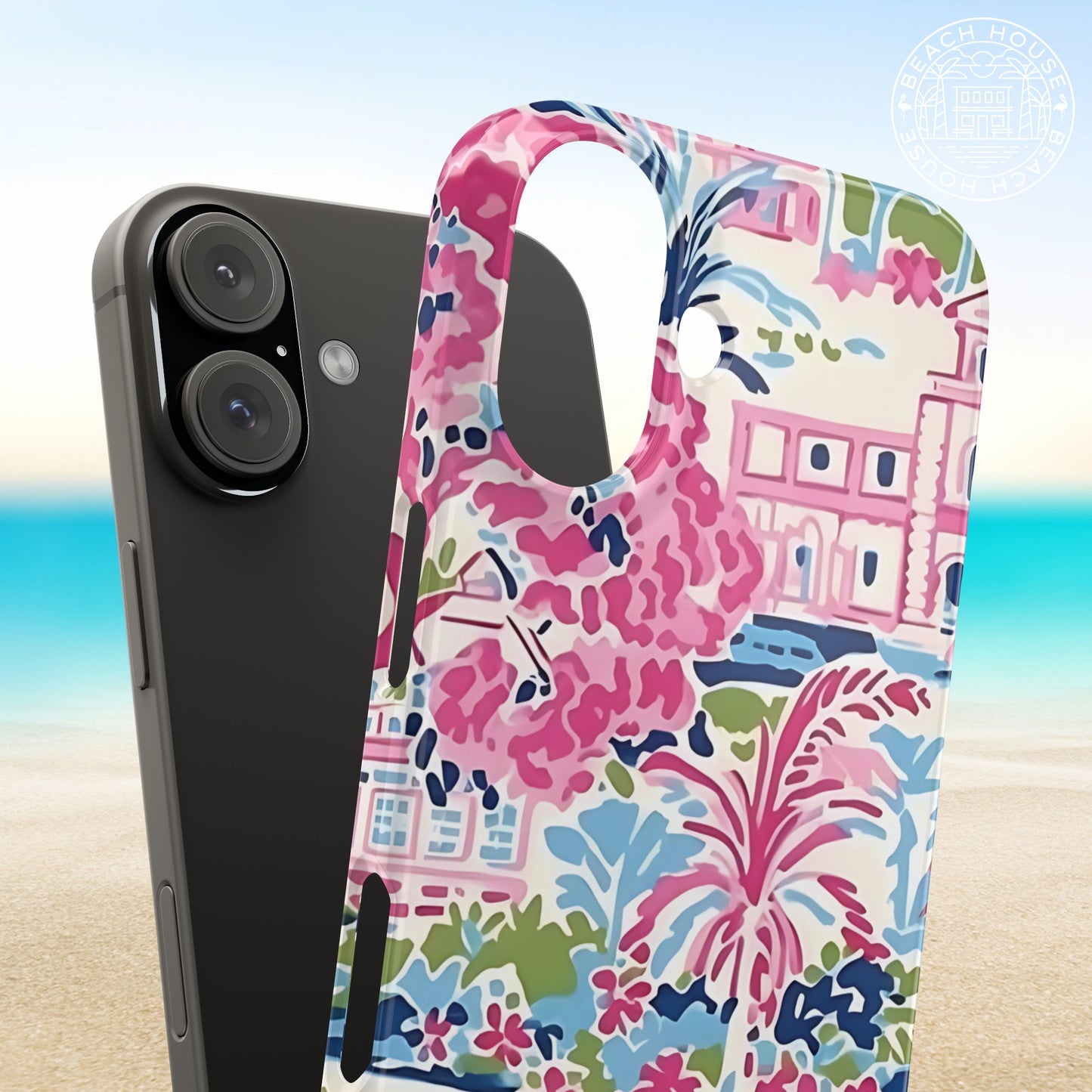 Amelia Slim Case for iPhone with colorful floral design on a beach background