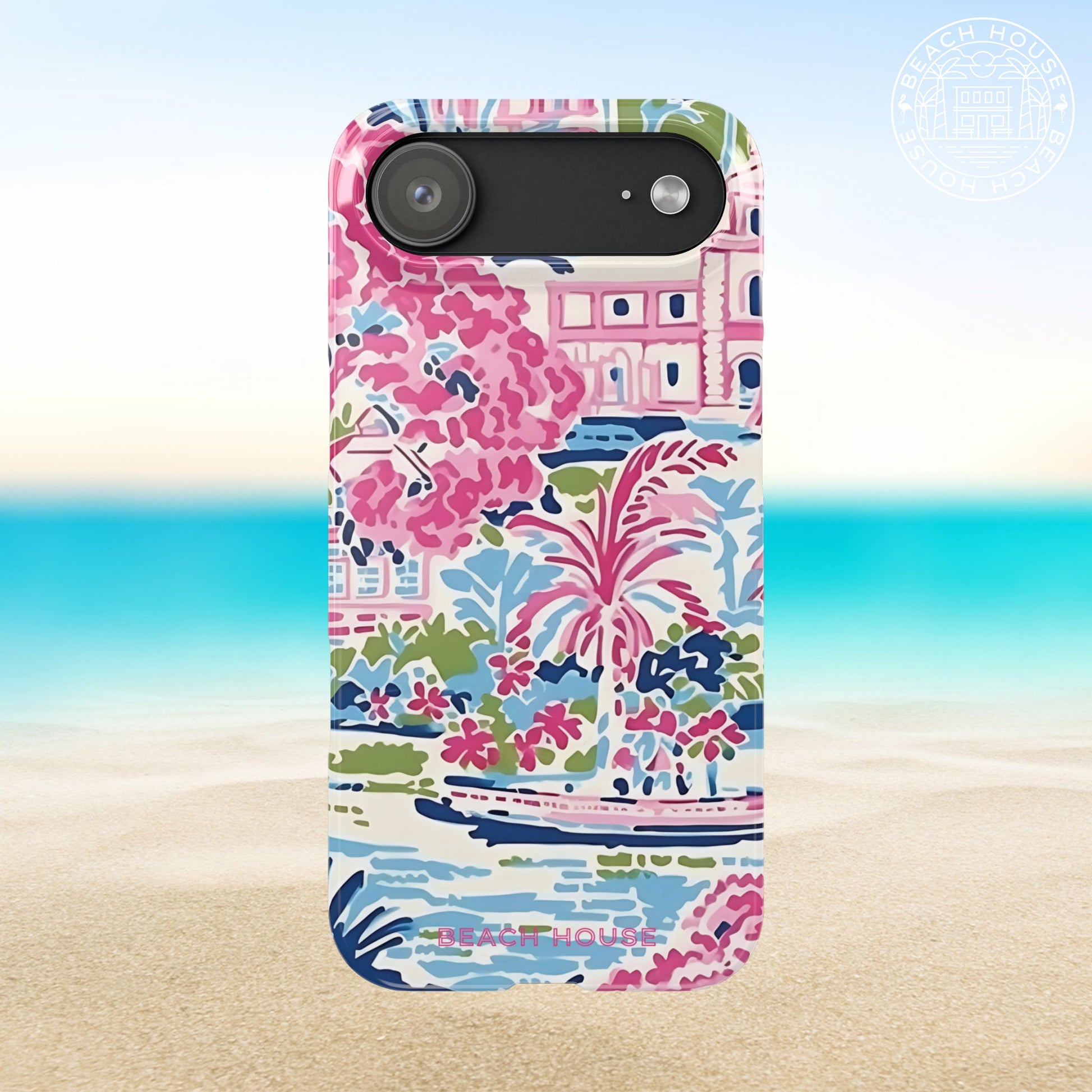 Amelia Slim Case for iPhone 17 Air with colorful palm tree and floral design on a beach background