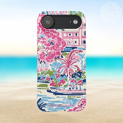 Amelia Slim Case for iPhone 17 Air with colorful palm tree and floral design on a beach background
