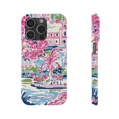 Front and side viewsof the Amelia Slim Case for iPhone with beach house design on a white background