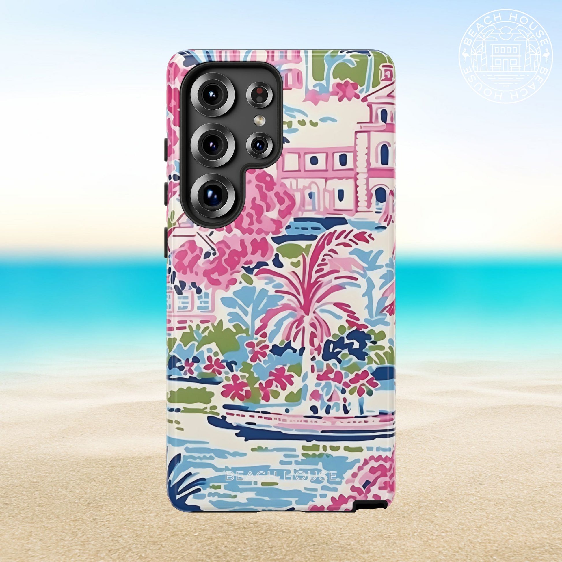 Amelia Tough Case for Galaxy with colorful floral and architectural design on a beach background