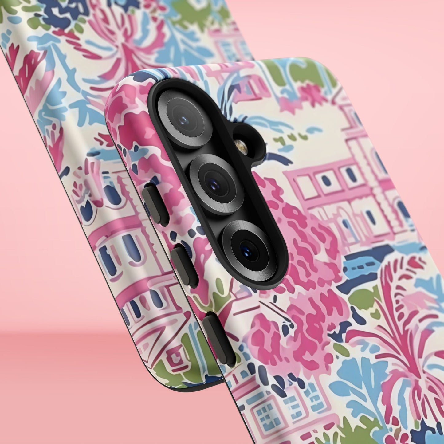 Amelia Tough Case for Galaxy with colorful floral pattern on a pink background