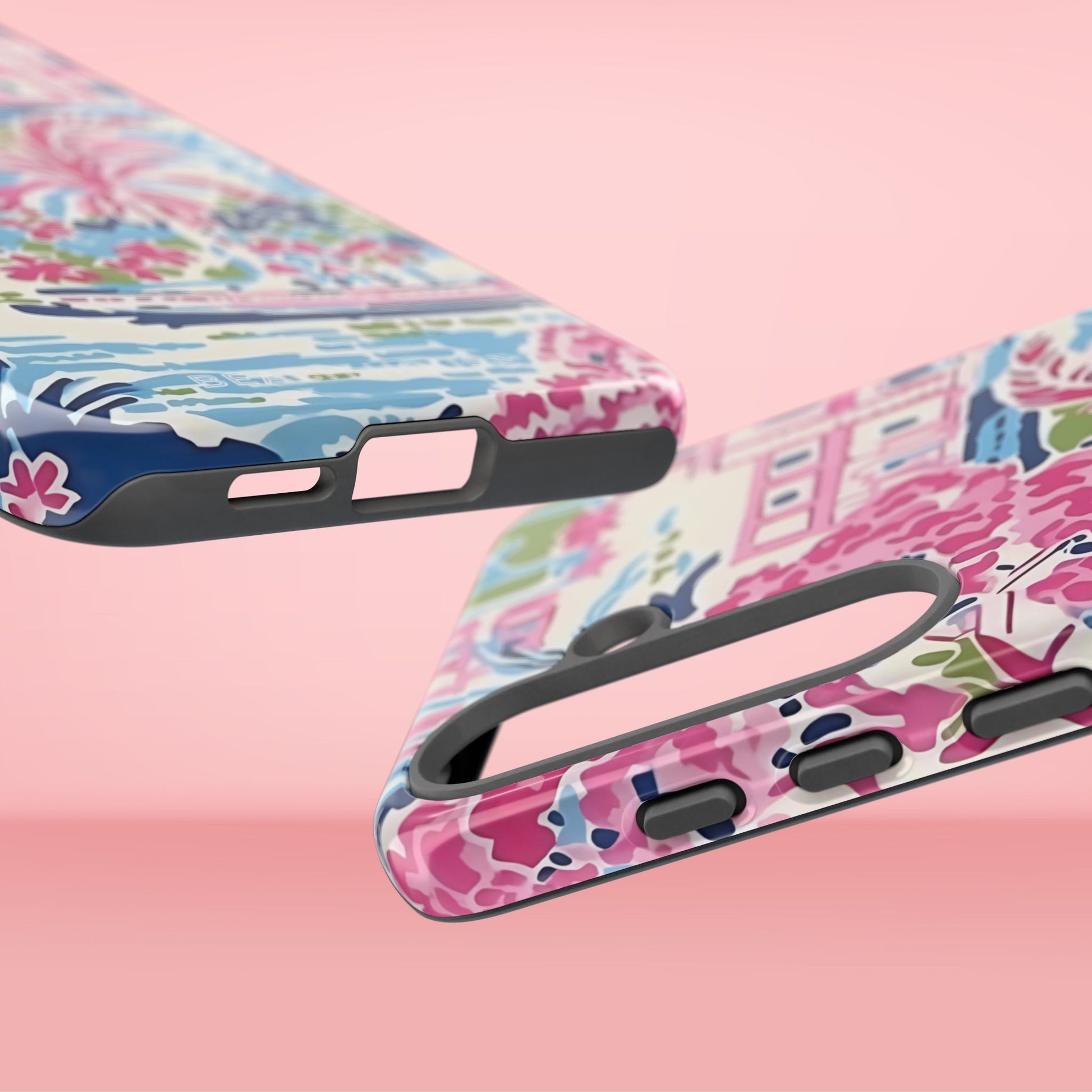 Top and bottom view of the Amelia Tough Case for Galaxy on a pink background