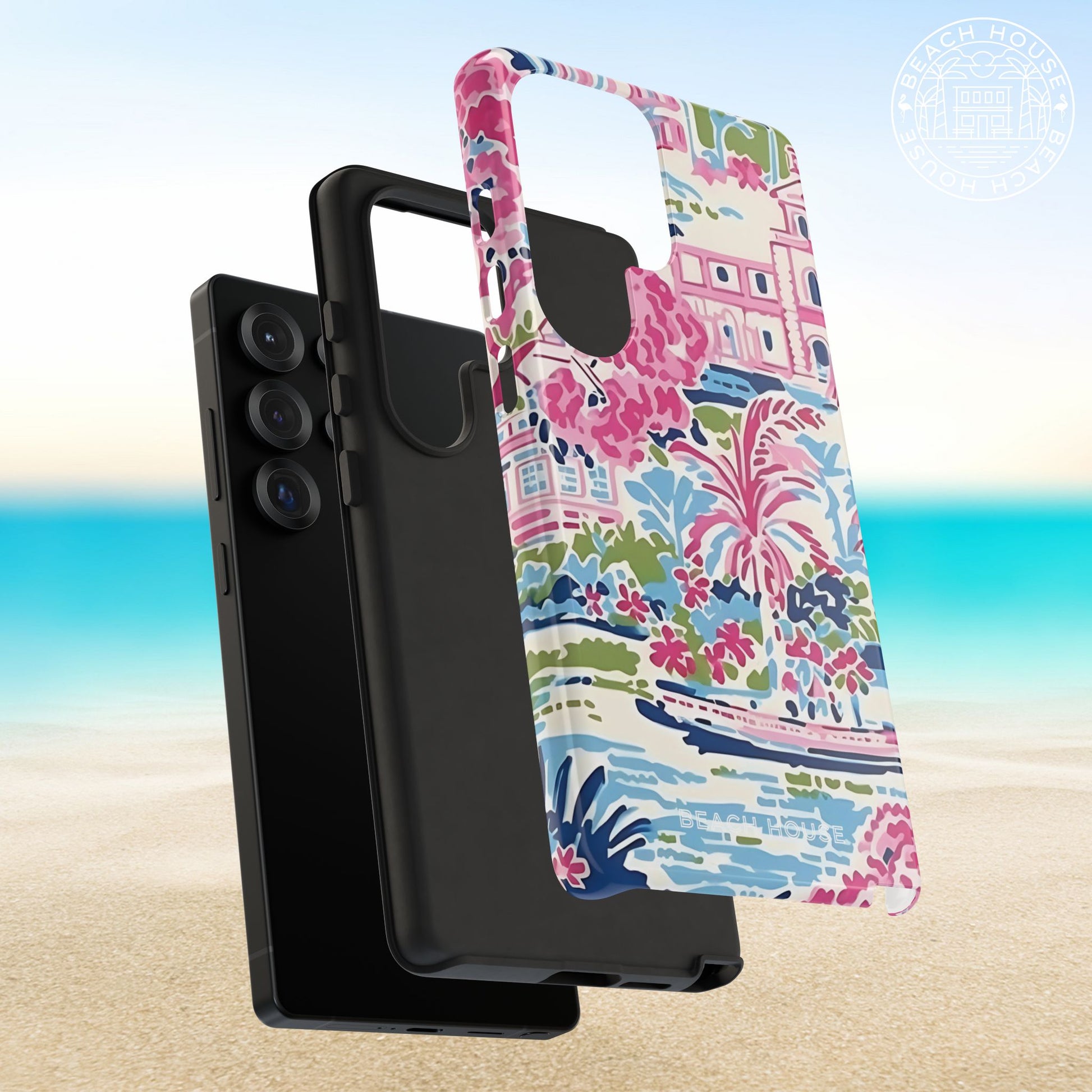 Layers of the Amelia Tough Case for Galaxy with colorful floral design on a beach background