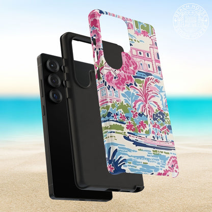 Layers of the Amelia Tough Case for Galaxy with colorful floral design on a beach background