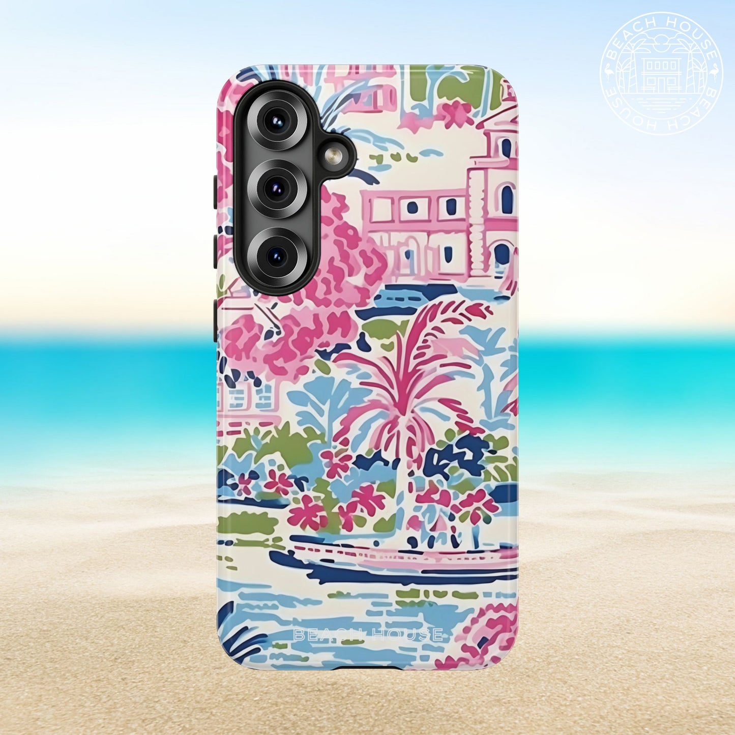 Amelia Tough Case for Galaxy with colorful coastal palm tree design on a beach background