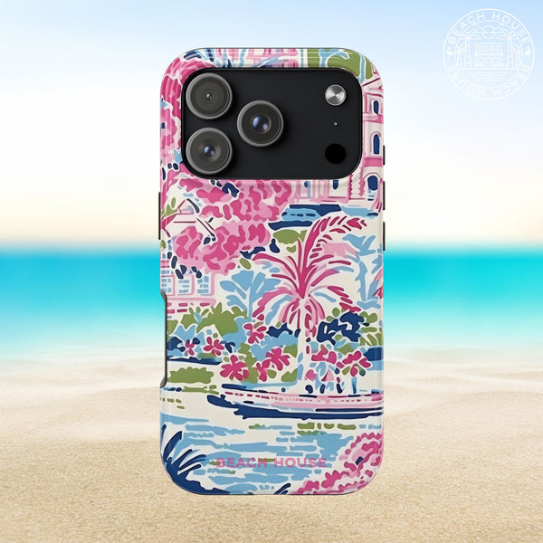 Amelia Tough Case for iPhone 17 Pro with colorful palm tree design on a beach background