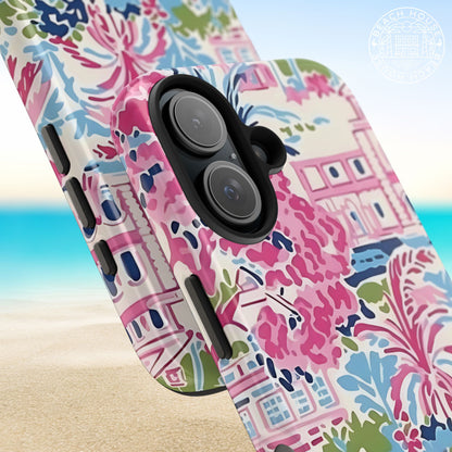 Close up views of the Amelia Tough Case for iPhone with colorful floral pattern on a beach background