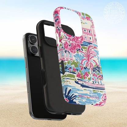 Protiective layers of the Amelia Tough Case for iPhone with colorful palm tree design on a beach background