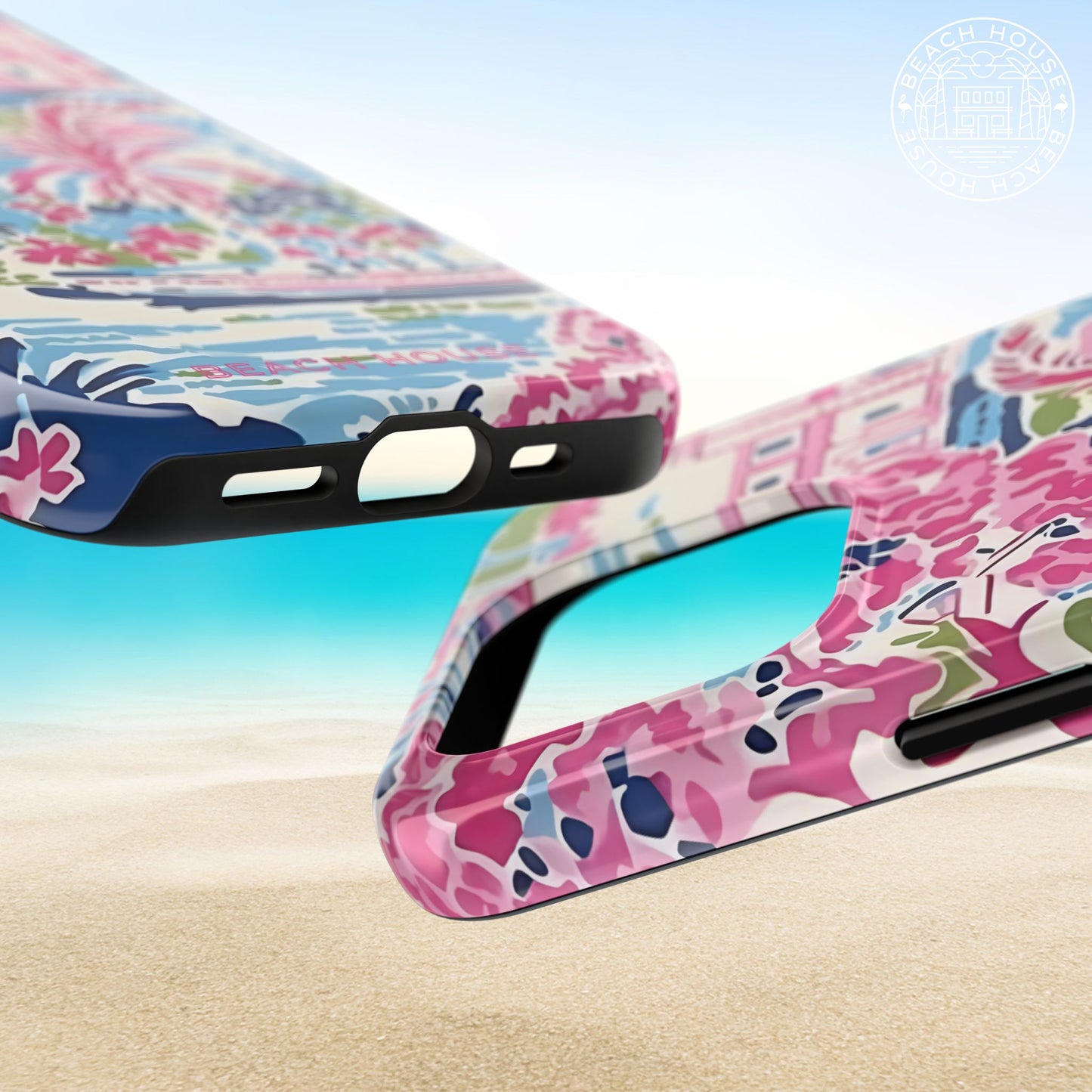 Top and bottom views of the Amelia Tough Case for iPhonewith floral patterns on a beach background