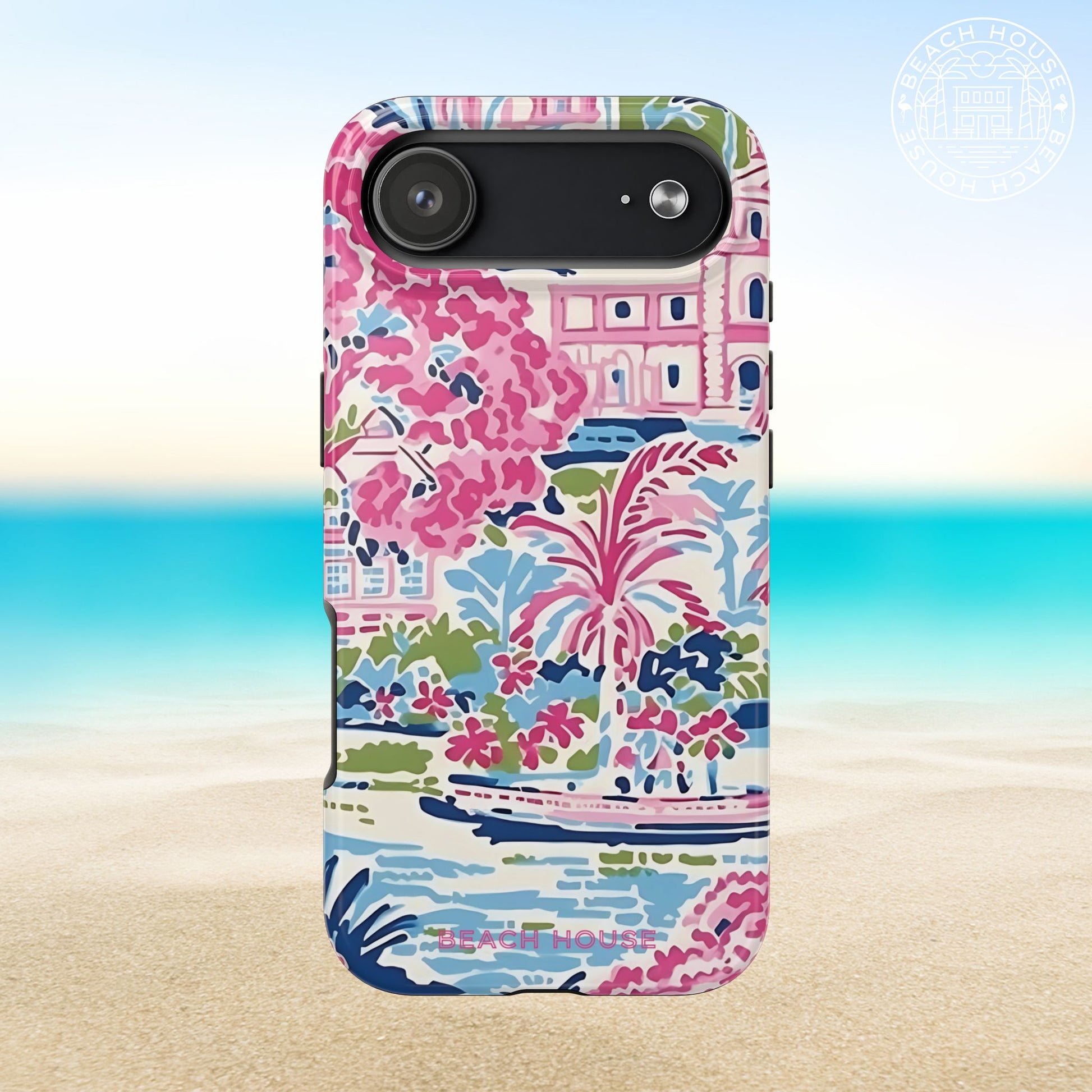 Amelia Tough Case for iPhone 17 Air with colorful beach house design on a beach background