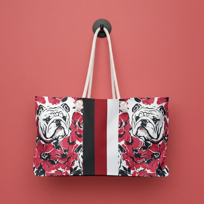Athens Weekdender Tote bag with bulldog and floral pattern on a red background