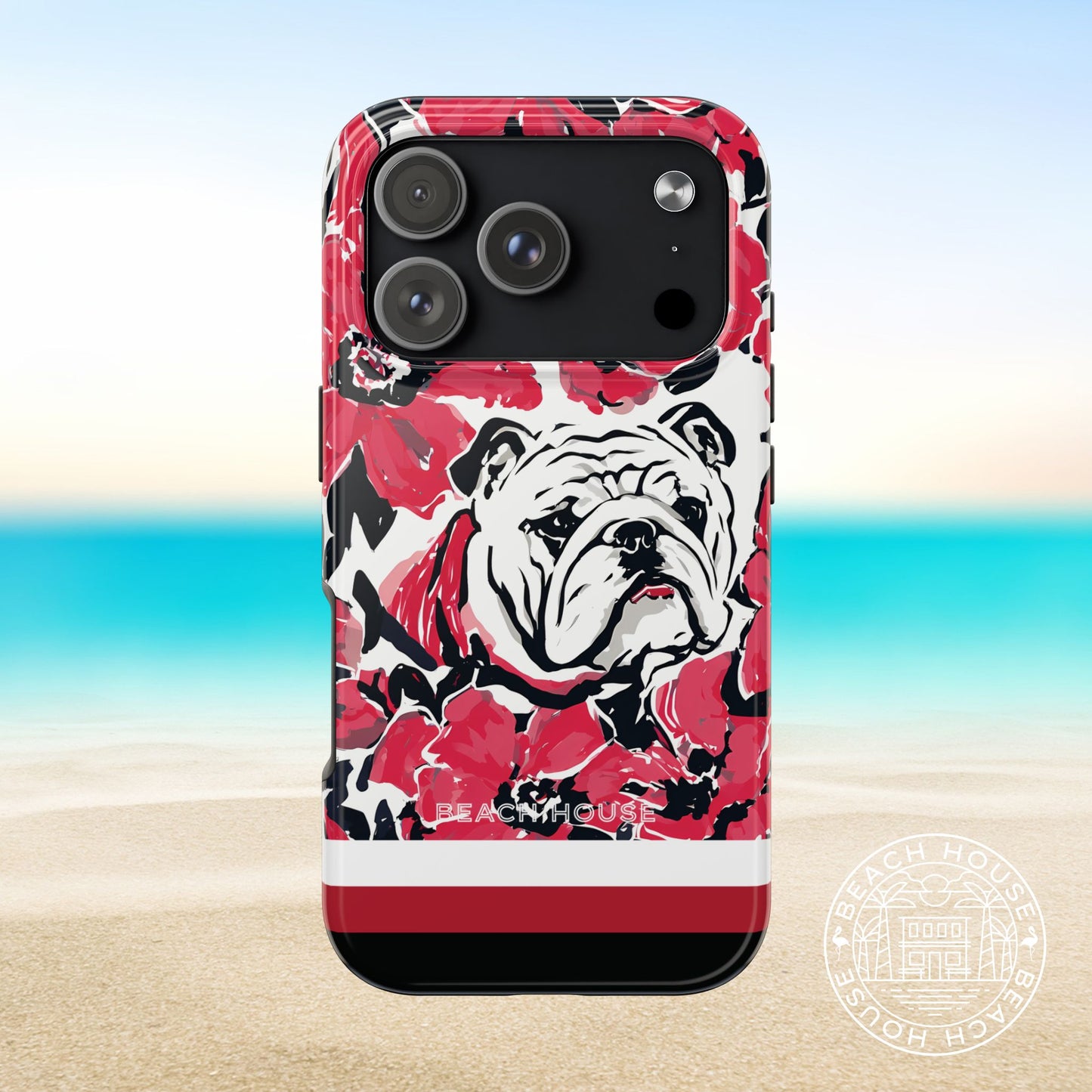 Athens Tough Case for iPhone 17 Pro with bulldog design and red floral pattern on a beach background