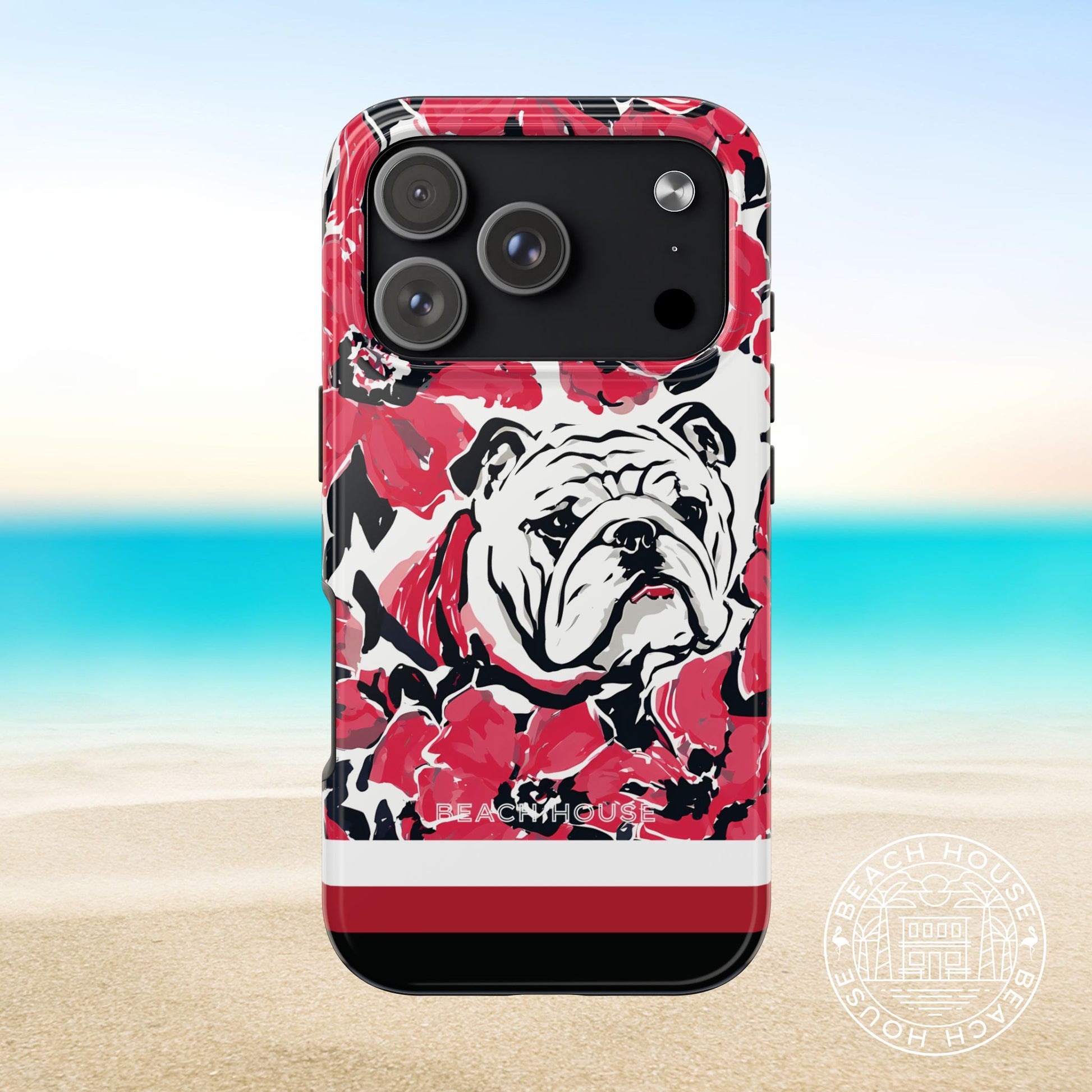 Athens Tough Case for iPhone 17 Pro with bulldog design and red floral pattern on a beach background