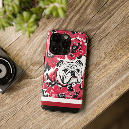 Athens Tough Case for iPhone with bulldog and floral design on a wooden surface