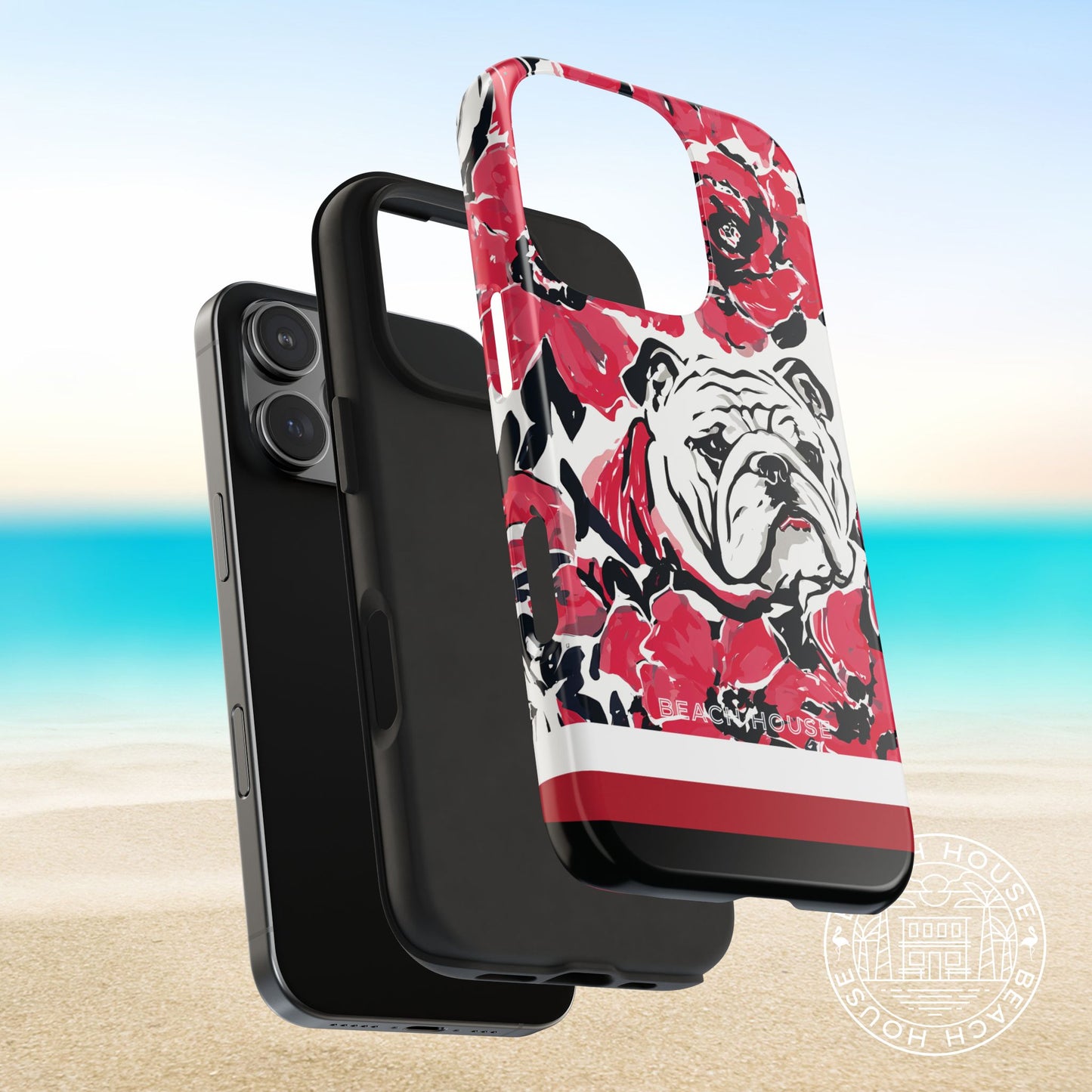 Protective layers of the Athens Tough Case for iPhone with bulldog design on a beach background