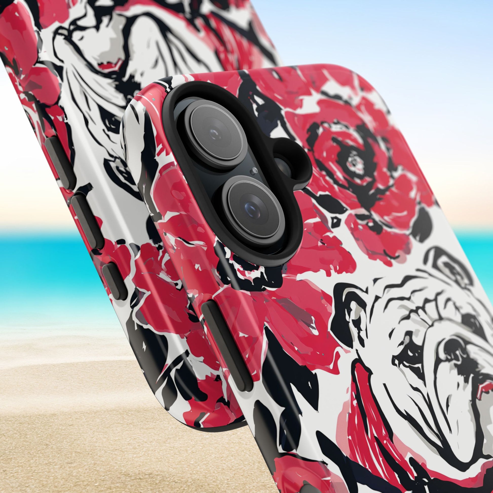 Close up views of the Athens Tough Case for iPhone with red and black floral and animal design on a beach background