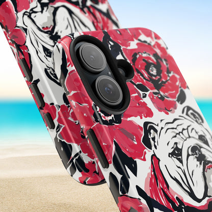 Close up views of the Athens Tough Case for iPhone with red and black floral and animal design on a beach background