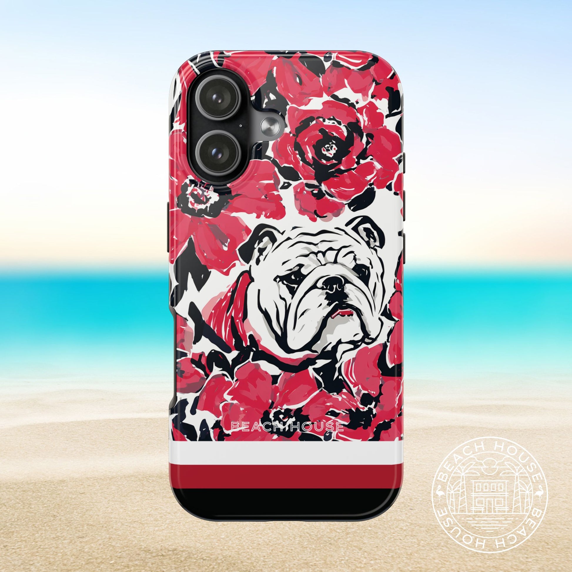 Athens Tough Case for iPhone 17 with bulldog and floral design on a beach background