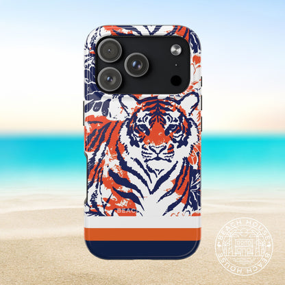 Auburn Tough Case for iPhone 17 Pro with tiger design on a beach background